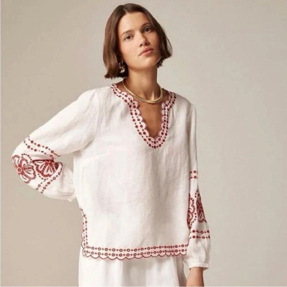J. Crew White Linen Peasant Top with Red Embroidery-worn 1x